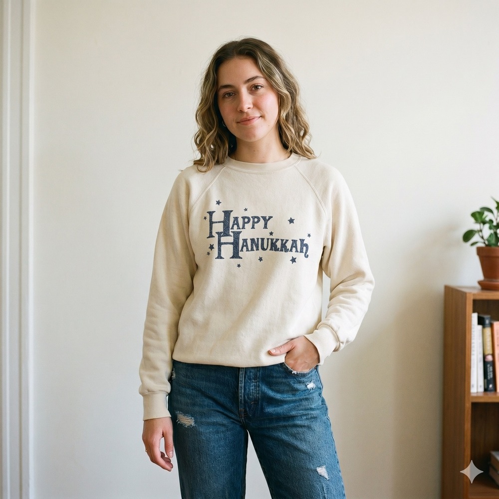 The Great Happy Hanukkah Sweatshirt Womens Small 1 Cream Graphic Raglan Holiday